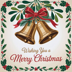 Vintage Christmas card design; gold bells, red ribbon, holly, mistletoe; festive, elegant, nostalgic mood; perfect for holiday greetings.