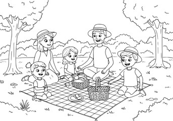 Enjoy a charming family picnic day with parents and kids in nature, ideal for scalable designs and creative projects related to family activities.
