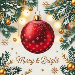 Elegant Red and Gold Christmas Ornament with Festive Greenery, Sparkling Details, and a Merry & Bright Theme, Ideal for Holiday Cards and Winter Season Greetings.