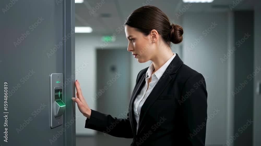 Poster woman using a biometric fingerprint scanner for secure access. future technology for identity confir