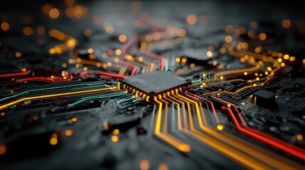 olorful chip glows with circuit paths branching into vibrant networks across a 3D board, symbolizing innovation and processing power.
