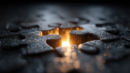 One glowing puzzle piece snapping into bright empty slot, symbolizing breakthrough in understanding or solution clarity.