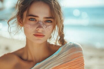Woman with a broken arm at the beach, wearing an arm cast after being injured during a family vacation at a holiday resort, highlighting the reality of summer accidents, Generative AI