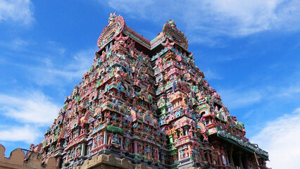 Intricately carved colorful gateway tower of Sri Ranganathaswamy Temple, Srirangam, Tamil Nadu, India