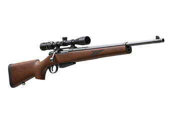 BoltAction Rifle with Scope and Wooden Stock Angled View.