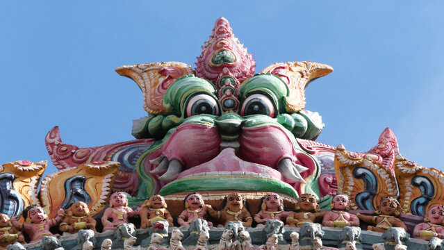 Closeup of colorful intricate carvings on the gateway tower of Sri Ranganathaswamy Temple, Srirangam, Tamil Nadu, India