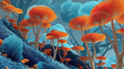 Orange fungi grow across surreal blue terrain in dreamlike stylized art, evoking discovery and fantasy.