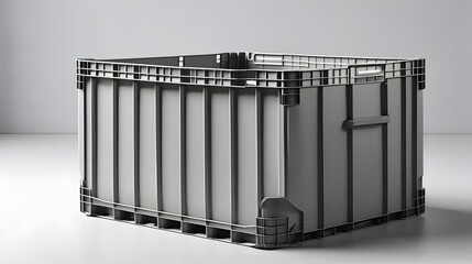 A gray plastic storage container with reinforced corners sits on a white surface in a studio setting.
