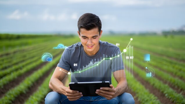 Young farmer sits in a field of crops, analyzing data on a tablet with overlaid graphs and charts indicating growth and progress.