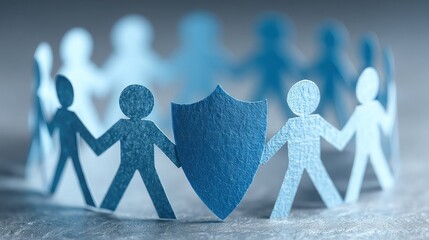 Paper-cutout people in circle with shield overlay symbolize income protection for workers in uncertain markets.