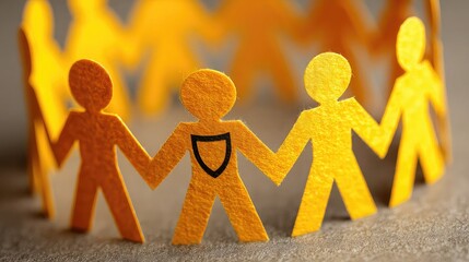 Paper-cutout people in circle with shield overlay symbolize income protection for workers in uncertain markets.