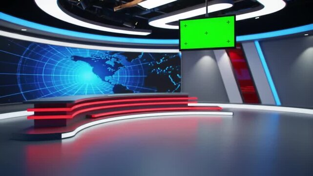 Virtual news studio with red and blue accents, a world map screen, and a green screen monitor
