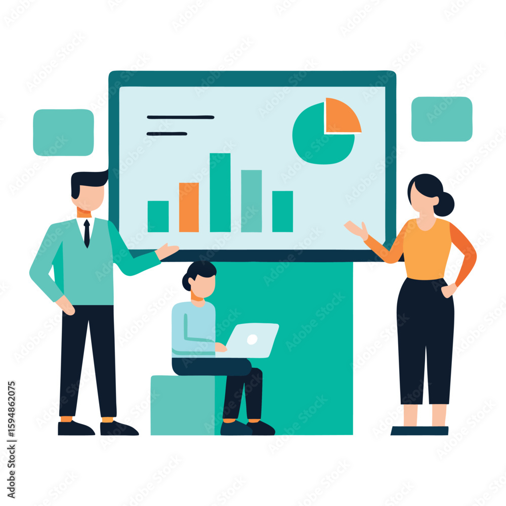 Poster business team analyzing data and charts isolated on transparent background