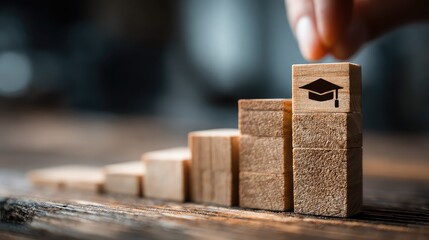Person climbs wooden block staircase with graduation cap icon at the top, symbolizing job growth through education.