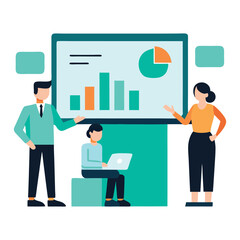 Business team analyzing data and charts isolated on transparent background