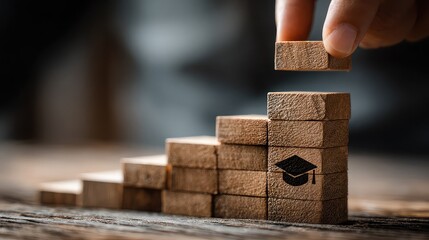 Person climbs wooden block staircase with graduation cap icon at the top, symbolizing job growth through education.