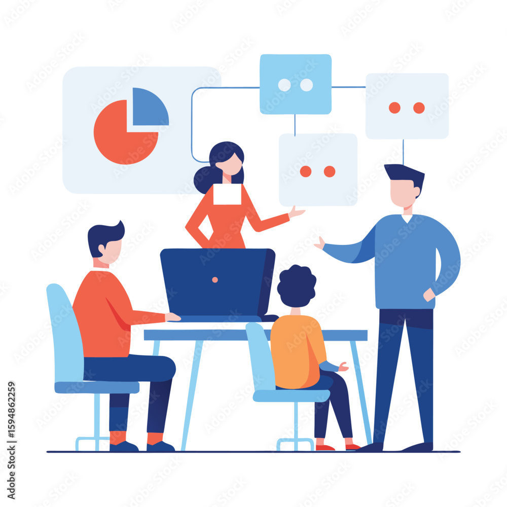 Poster it support team meeting flat vector illustration isolated on transparent background