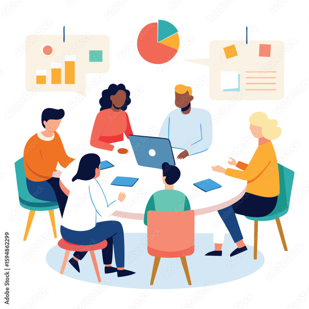 Poster modern business brainstorming scene with people and ideas isolated on transparent background
