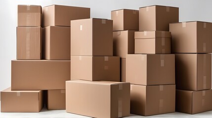 Obraz premium Stack of closed cardboard boxes piled high creates a neutral backdrop for shipping and delivery theme