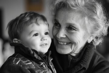Senior woman having fun with her little grandson, capturing the heartwarming interaction between generations in a moment of shared joy, Generative AI