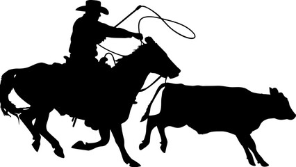 Silhouette of a cowboy on horseback roping a calf in a western scene with a lasso in the air riding fast
