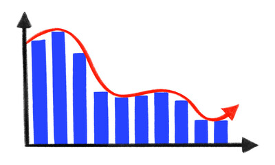 Hand drawn downward stats on transparent background. Declining blue bar graph with red and black arrow. Business and economic loss illustration.