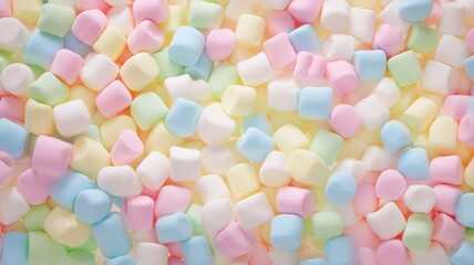Pastel marshmallows spread on flat surface. Neural network AI generated