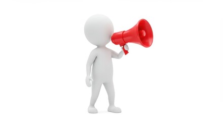 Stick figure with red megaphone isolated on white background