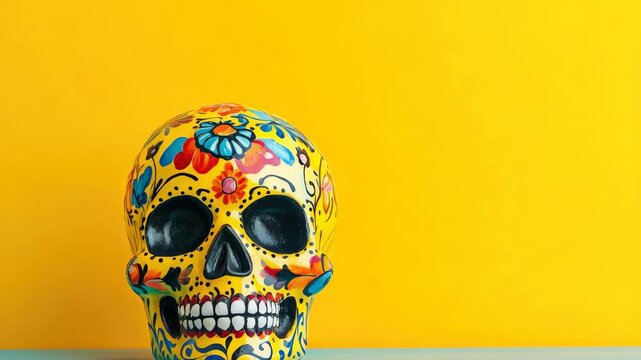 Colorful decorative skull with floral patterns against vibrant yellow background