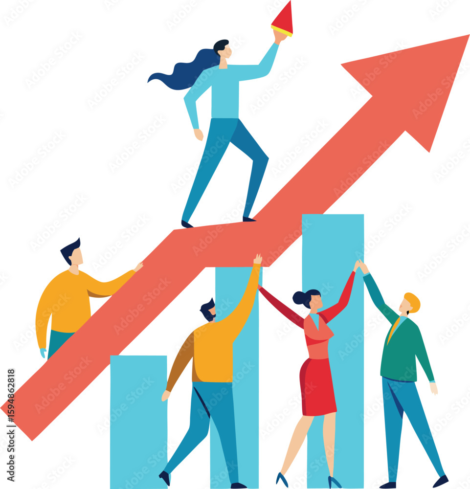 Poster team lifting upward arrow graph symbol isolated on transparent background