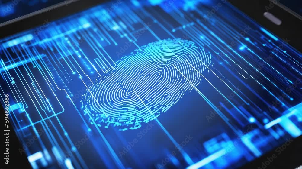 Poster digital fingerprint on blue virtual screen representing cybersecurity and biometric authentication