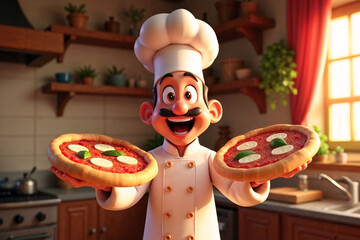 Whimsical cartoon a animation style cook in a classic white uniform joyfully holding out two fresh pizzas in a warm, inviting kitchen.
