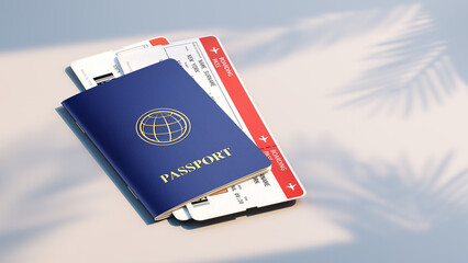 Air plane tickets and Passport, pair of plane boarding pass. Travel or tourism concept. 3d illustration
