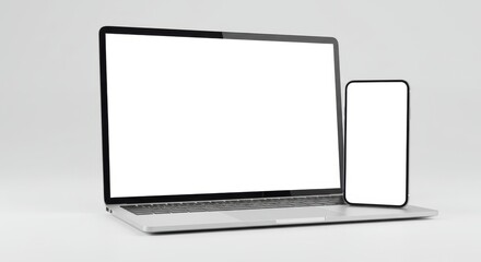 Laptop and smartphone with blank screens isolated on white background