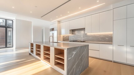 Streamlined kitchen with satin white cabinets, polished grey veined marble, pale oak island with storage niches, ceiling-mounted LED bar lights.