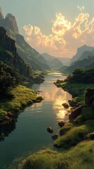 Lush river valley reflecting the golden sunset surrounded by mountains and greenery in tranquil nature scenery