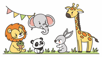 Naklejka premium Adorable cartoon baby safari animals lion, elephant, panda, rabbit, and giraffe on green grass with colorful bunting banner, cute vector art.