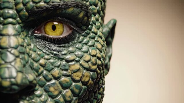 Close up of lizard yellow eye and green scales shows detail, alertness, primal sense, awareness, survival, deep gaze, reptilian evolution, connection to nature