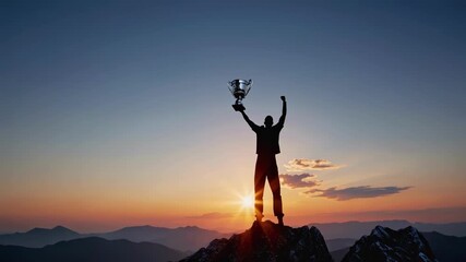 Silhouette on mountain peak raising trophy at sunrise symbolizes achievement, victory, success, aspiration, hope, new chapter, empowerment, motivational progress