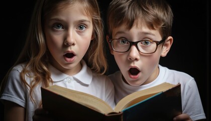Two children, boy with glasses, girl, show expressions of surprise, amazement reading book together against black background. Open mouths, wide eyes suggest captivated by story, imagination,
