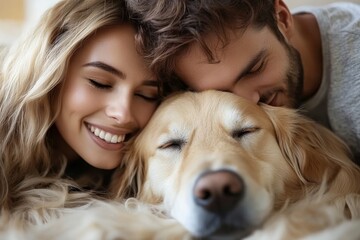 Happy young couple in love with their dog indoors at home, resting and enjoying quality time together, reflecting the joy of companionship and family life, Generative AI