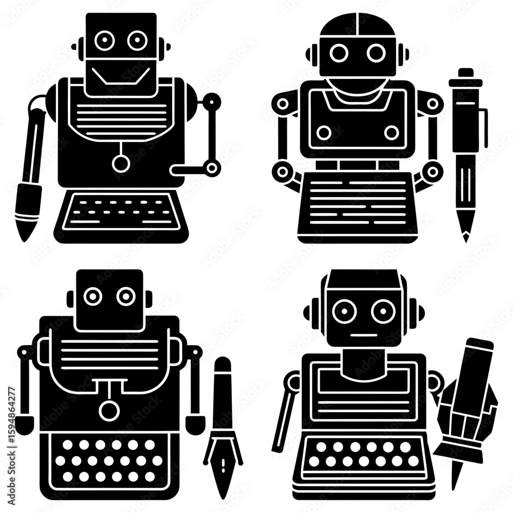 Poster illustration of four robots with typewriter keyboards and pens in a black and white color scheme sty