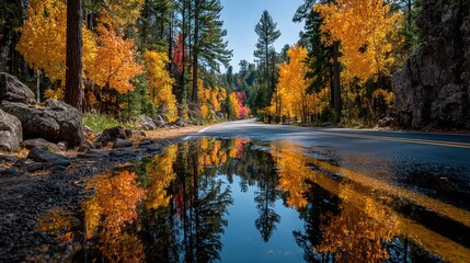 Obraz premium Vibrant autumn colors reflect in puddle along winding road through forest landscape
