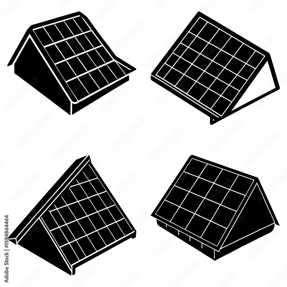 Poster illustration of four solar panel arrangements with grid patterns in a black and white design scheme