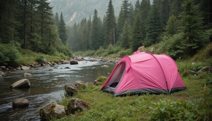 Pink tent set up beside flowing river in dense forest. Surrounded by green grass, rocks, campsite offers serene natural escape for outdoor adventurers. Ideal for summer camping, hiking, nature