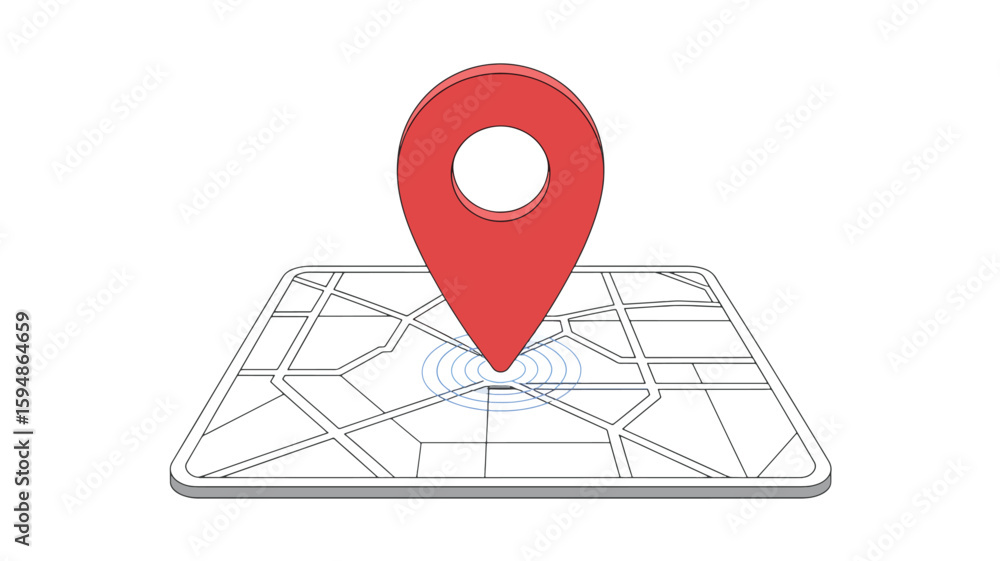 Poster a 3d illustration of a red location pin marker on a white map interface.