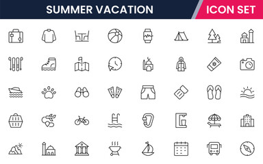Summer Vacation vector web line icon collection, sleek illustrations of tents, campfires, backpacks, nature for adventurous, outdoor designs.