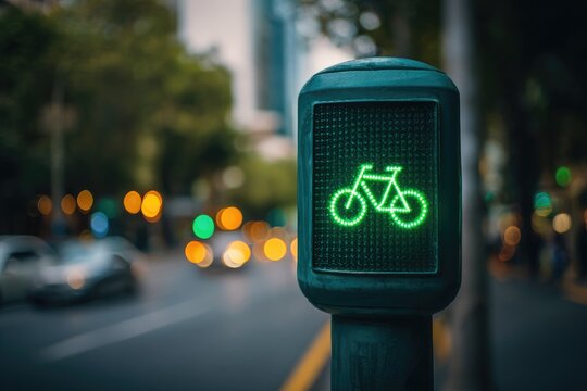 Illuminated green bicycle symbol on a city street pedestrian signal - Powered by Adobe
