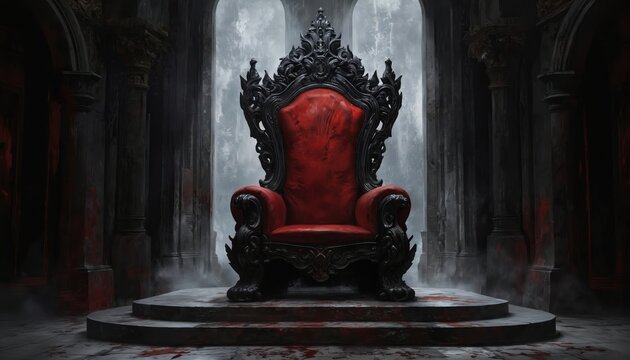 Gothic throne, ornate red velvet, dark black intricate frame. Dimly lit castle hall with stone columns, imposing design. Symbolizes mystery, power, and regal authority.
