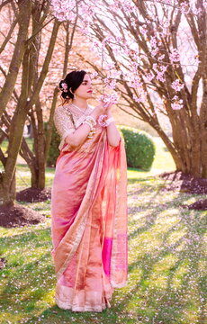 A woman in a shimmering pink traditional outfit stands serenely among cherry blossoms, radiating warmth, elegance, and cultural pride.